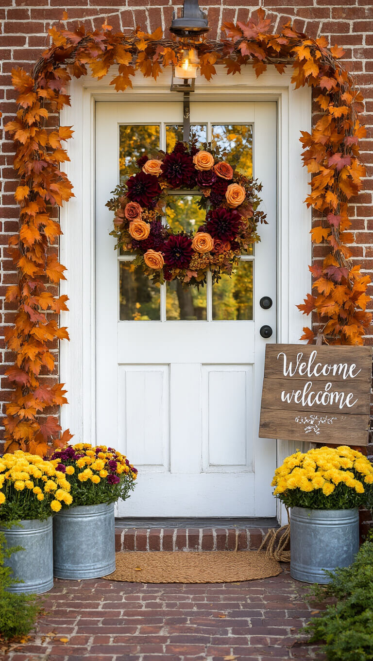 Cottage-style entrance with vintage white door, fall wreath, mums in metal containers, and rustic welcome sign in morning light.
