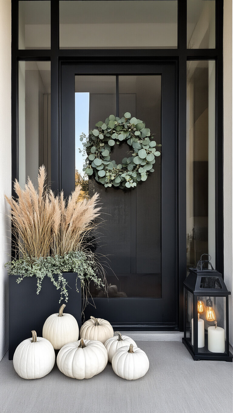 Modern urban entryway with tall glass door, minimalist pumpkin arrangement, metal planter with grasses, simple wreath, and industrial lanterns at blue hour.