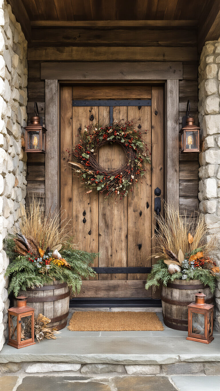 Rustic mountain cabin entrance with reclaimed wood door, fall foraged decor, barrel planters, grapevine wreath, copper lanterns, and misty morning ambiance against stone facade.