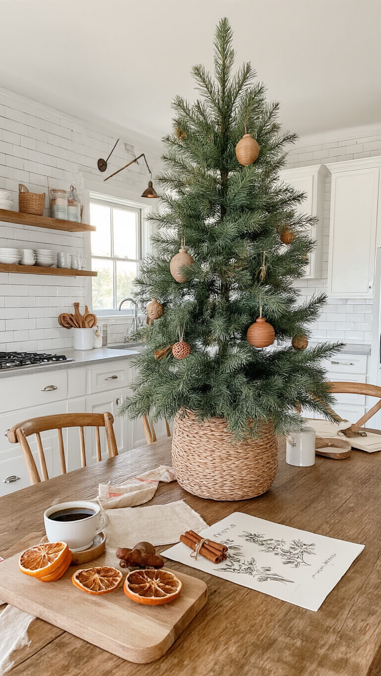 Modern farmhouse kitchen-dining area at sunrise with decorated Norfolk Pine, craft supplies on rustic table, and warm natural accents.