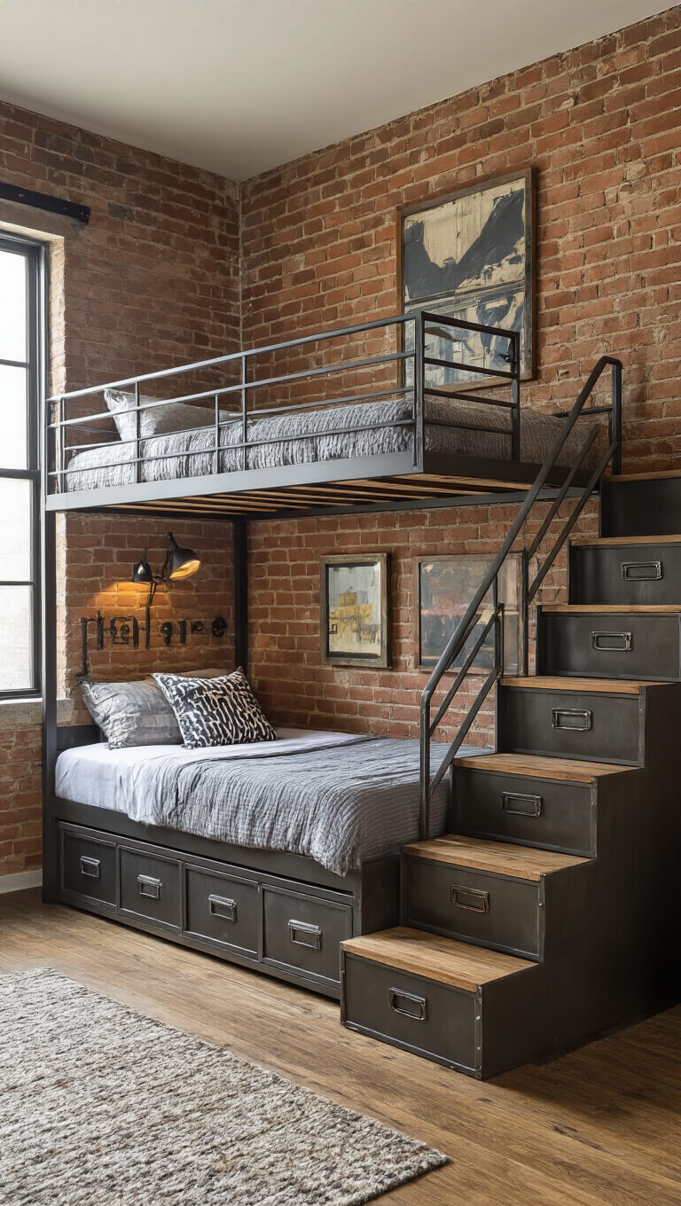 Urban industrial kids' room with tall custom metal and wood bunk bed, exposed brick wall, built-in shelving, and drawer staircase, shot during golden hour.