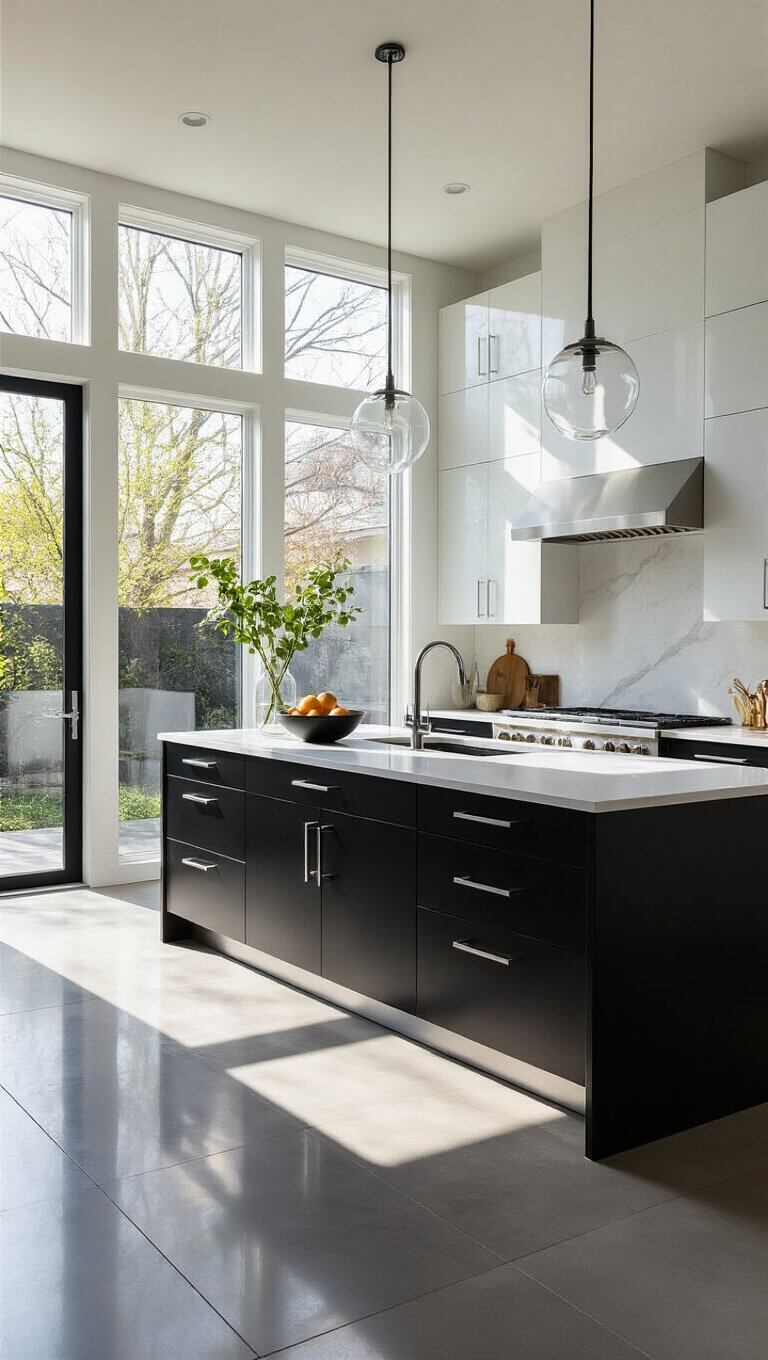 Minimalist black and white kitchen with matte black cabinets, glossy white uppers, stainless steel appliances, and a dramatic black island under bright natural light.