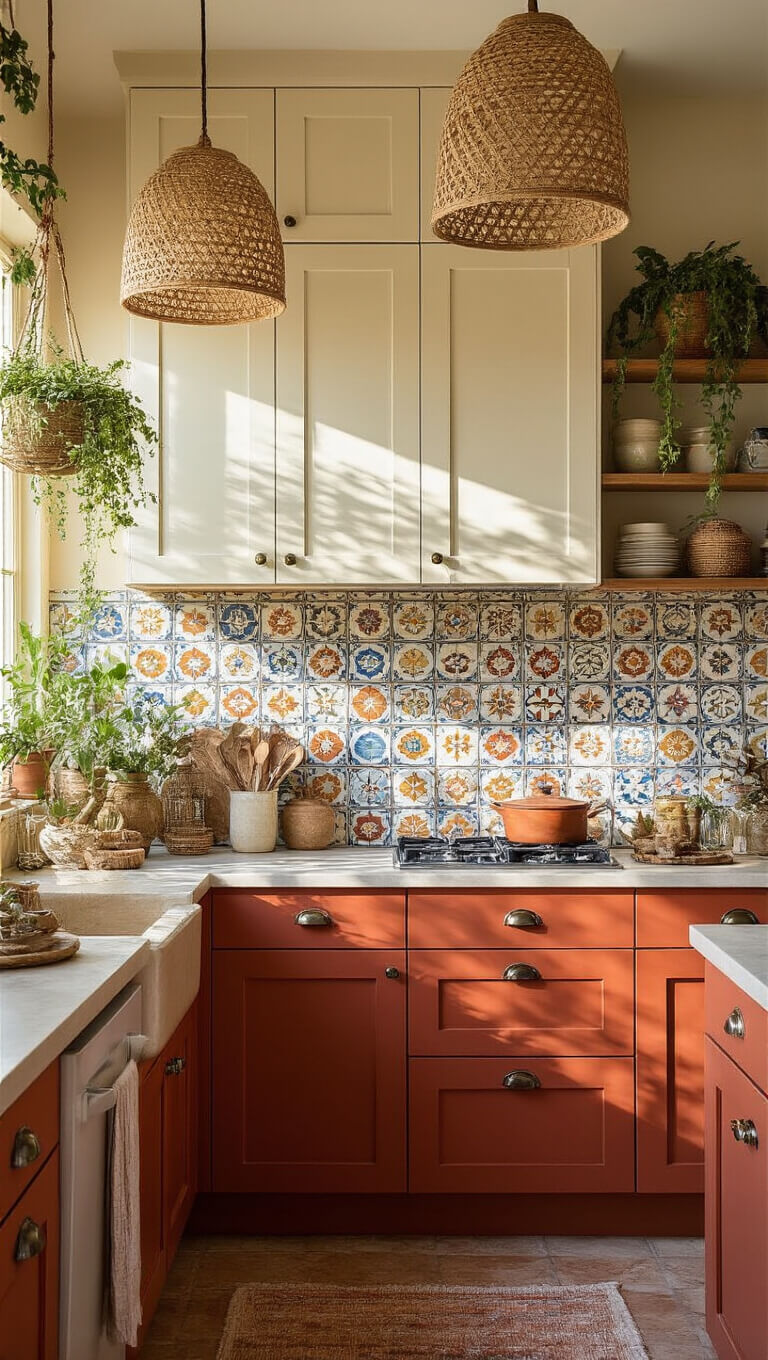 Bohemian kitchen with terracotta and cream cabinets, rattan pendants, colorful ceramic tile backsplash, and eclectic decor at sunset.