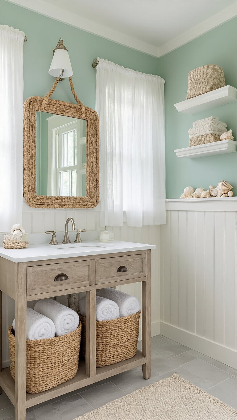 Coastal-themed washroom with seafoam green walls, white beadboard, weathered oak vanity, rope mirror, and soft natural light.