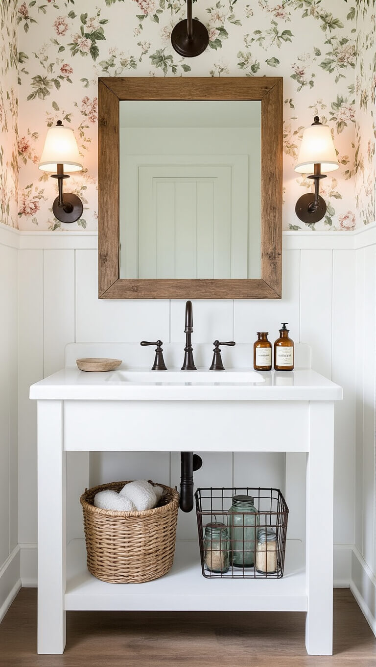 Cozy 5x7ft modern farmhouse powder room with soft white board and batten walls, floral wallpaper, oil-rubbed bronze fixtures, pedestal sink, rustic wood mirror with shelf, mason jar sconces, and vintage decor in wire basket.