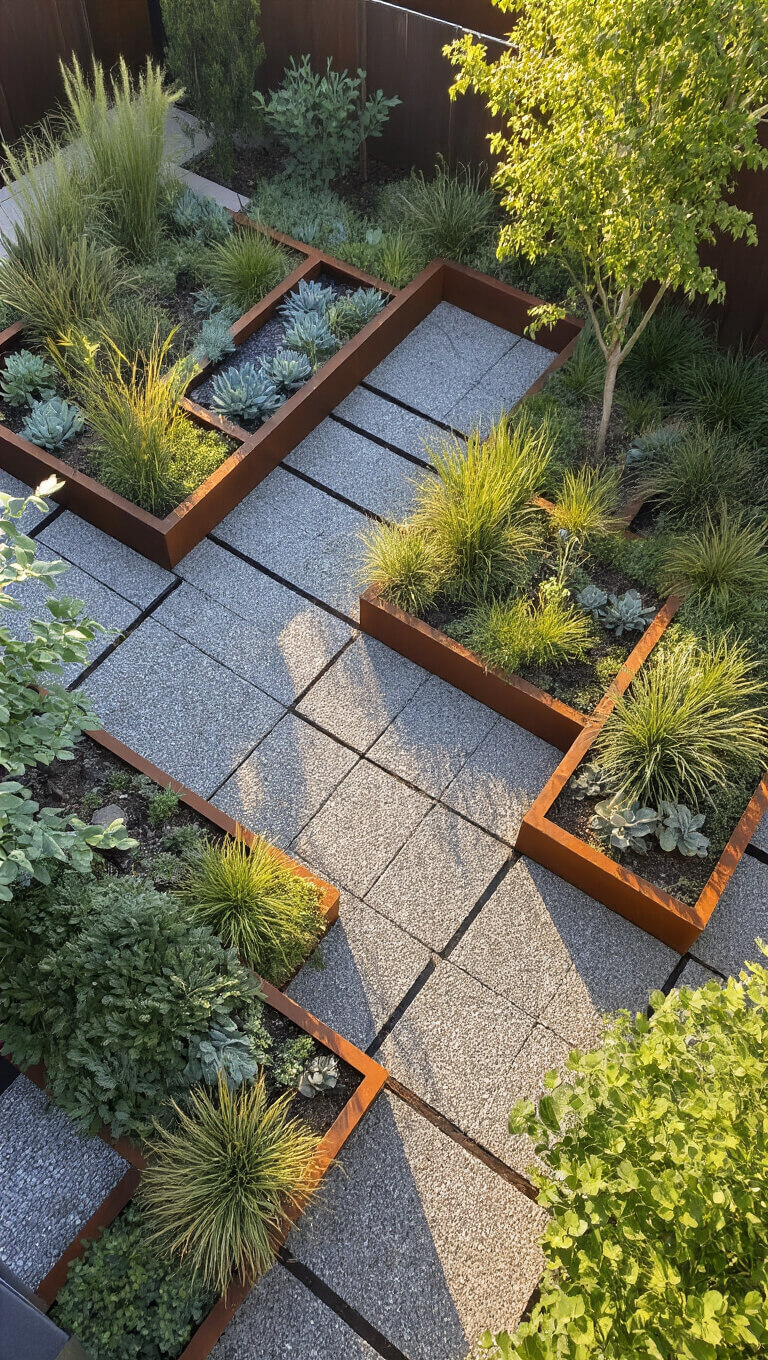 Bird's eye view of a 50'x50' sustainable modern garden with permeable glass pavers, sedum groundcover, weathered steel raised beds, drought-tolerant plants, and rainwater system glistening in morning light.