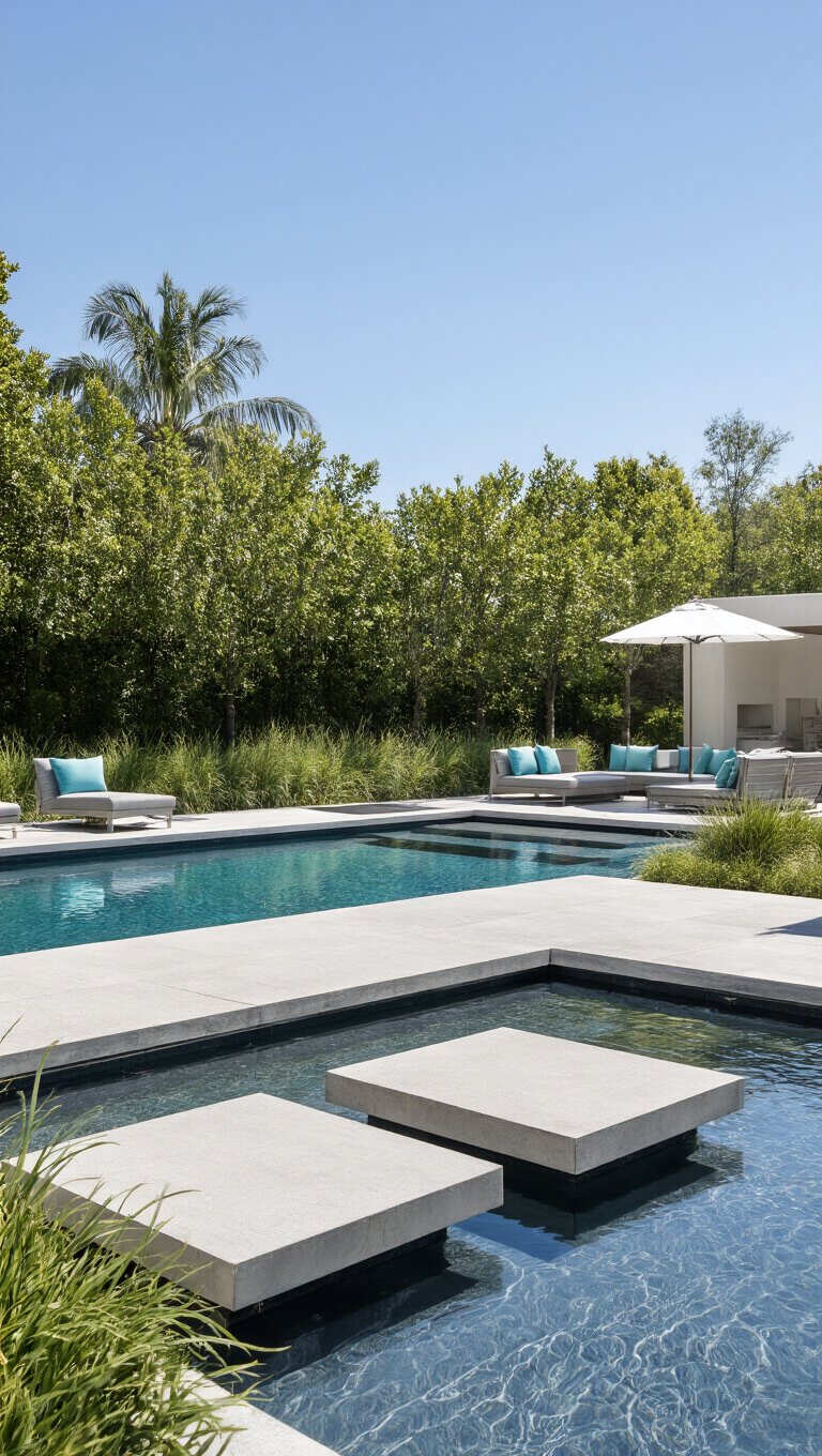 Contemporary poolside garden with infinity-edge pool, floating concrete steps, and minimalist plantings under strategic shade at midday.