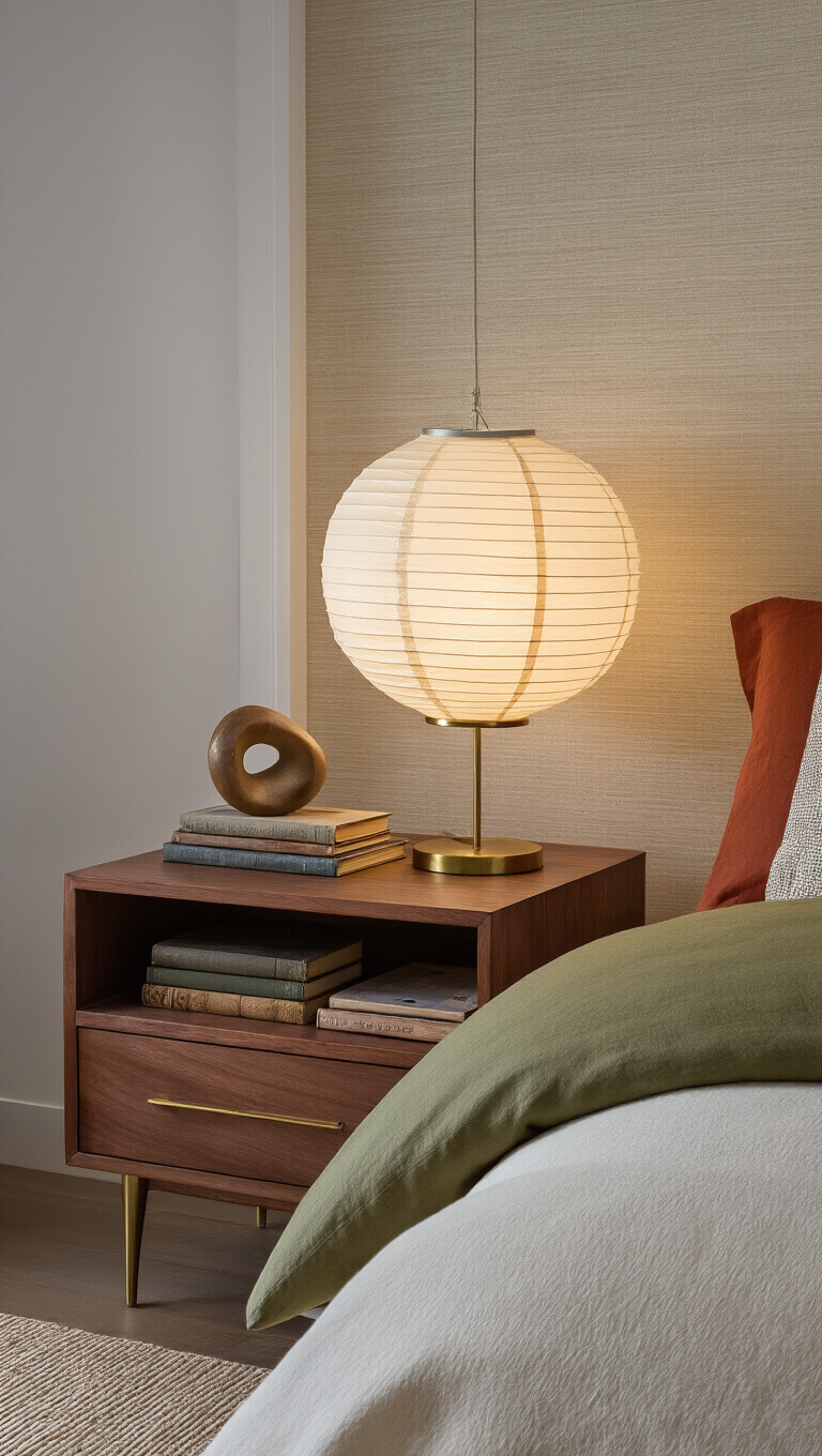 Close-up of a cozy bedroom corner at dusk with Noguchi lantern lighting, walnut nightstand with vintage books and sculptural lamp, textured grasscloth wallpaper, and layered bedding in ivory, rust, and olive.