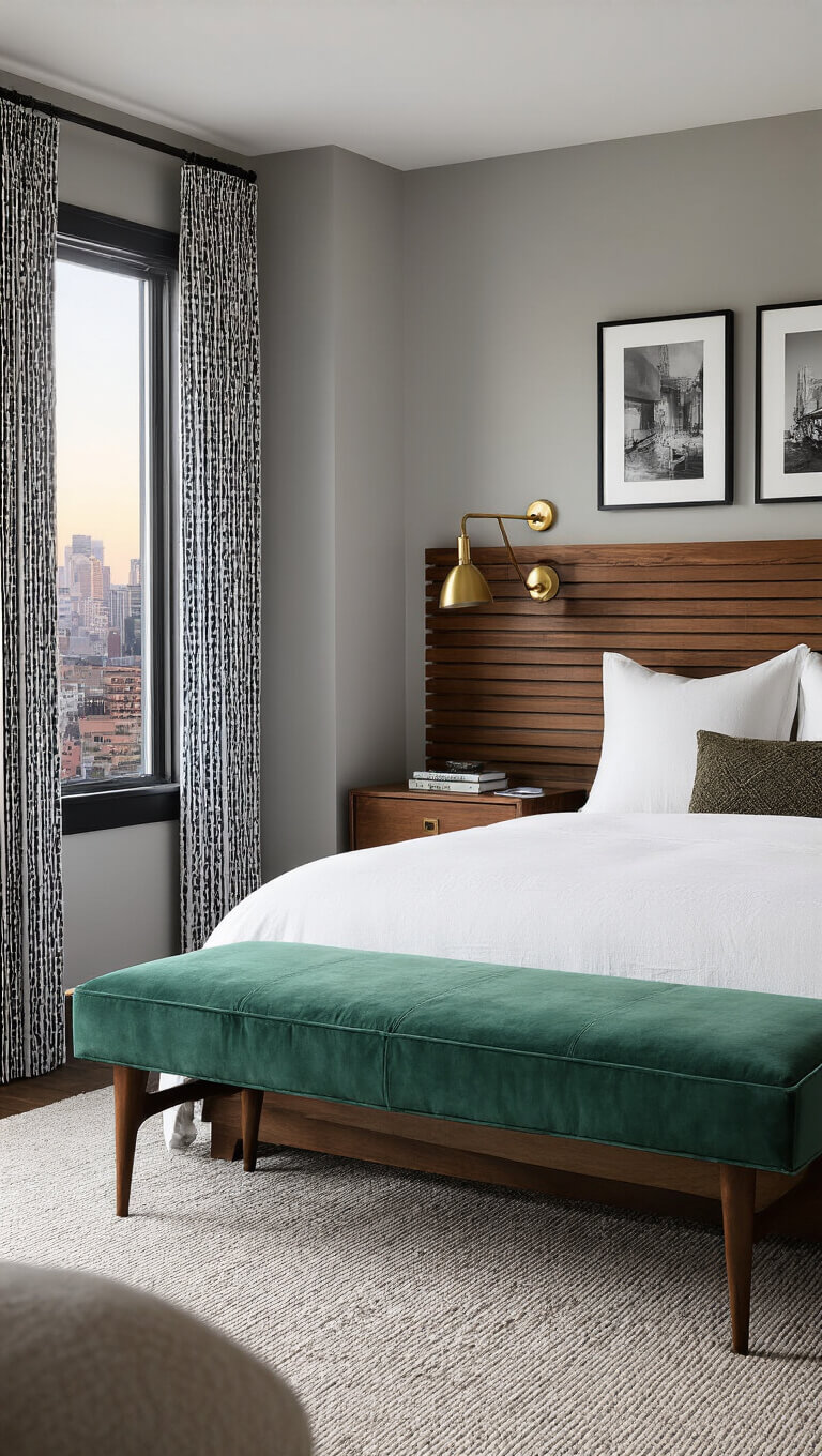 Moody evening bedroom with walnut slat headboard, brass sconces casting shadows, emerald velvet bench, geometric curtains, city view, and black-and-white photo gallery wall.