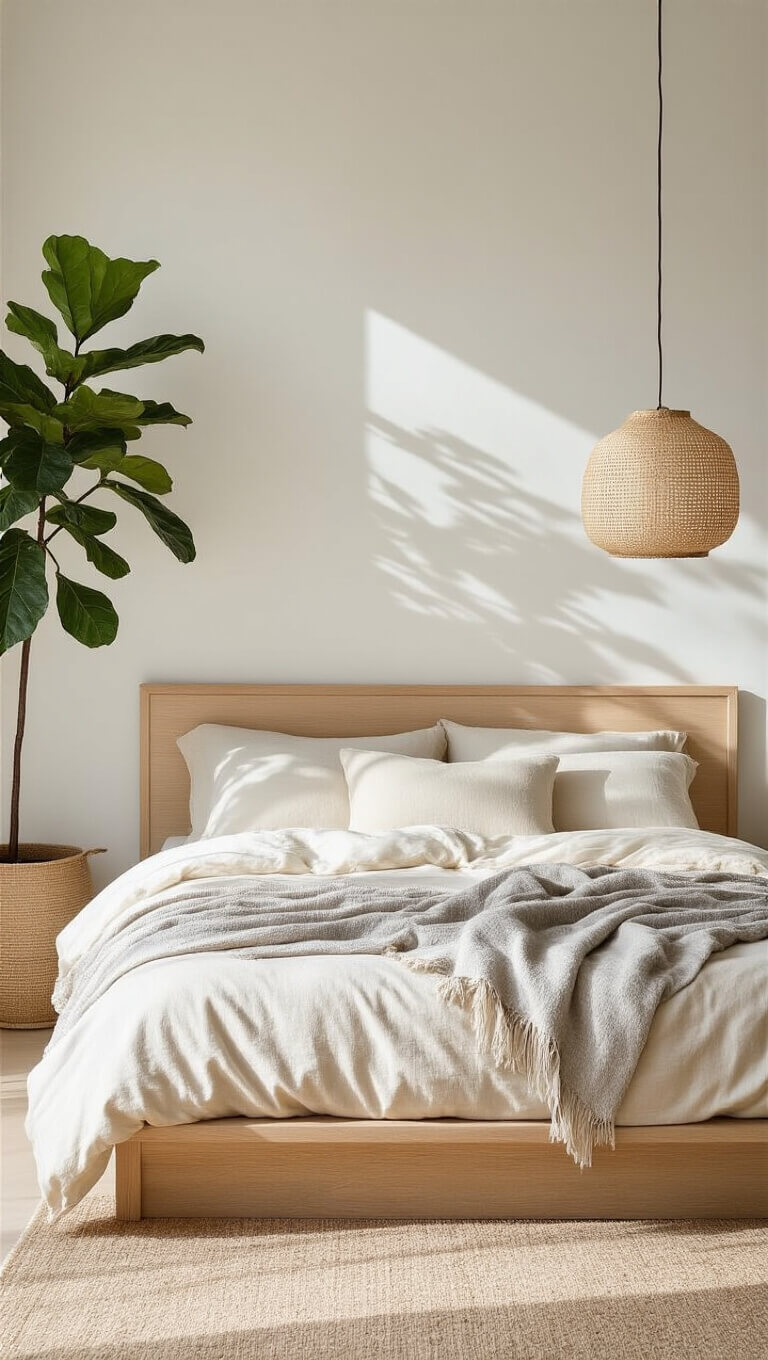 Minimalist bedroom with Japanese-style bleached oak platform bed, cream and gray bedding, body pillow, ceramic pendant light, fiddle leaf fig, and soft morning light.