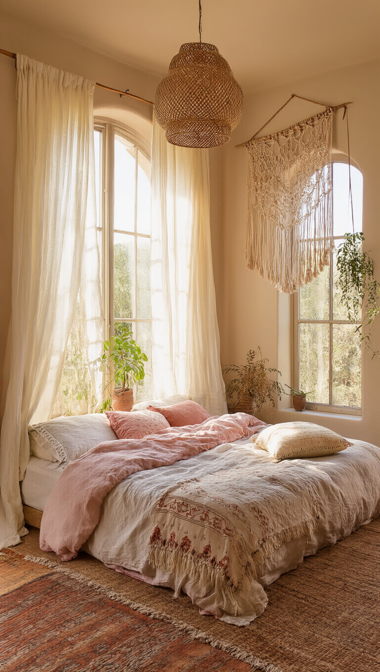 Boho bedroom bathed in late afternoon light with layered curtains, unmade linen bed, macramé wall hanging, and warm desert tones.