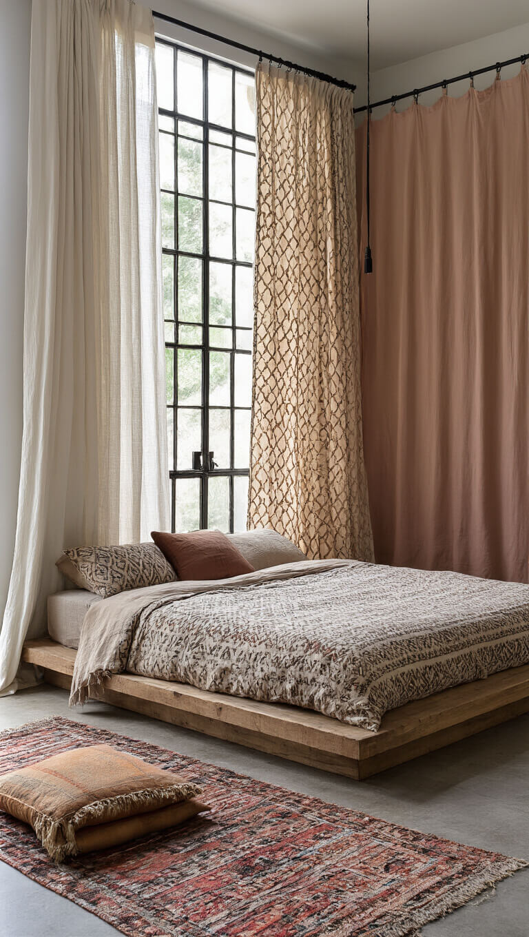 Modern bohemian bedroom with layered curtains, platform bed with Mexican textiles, Moroccan floor cushions, and industrial windows.