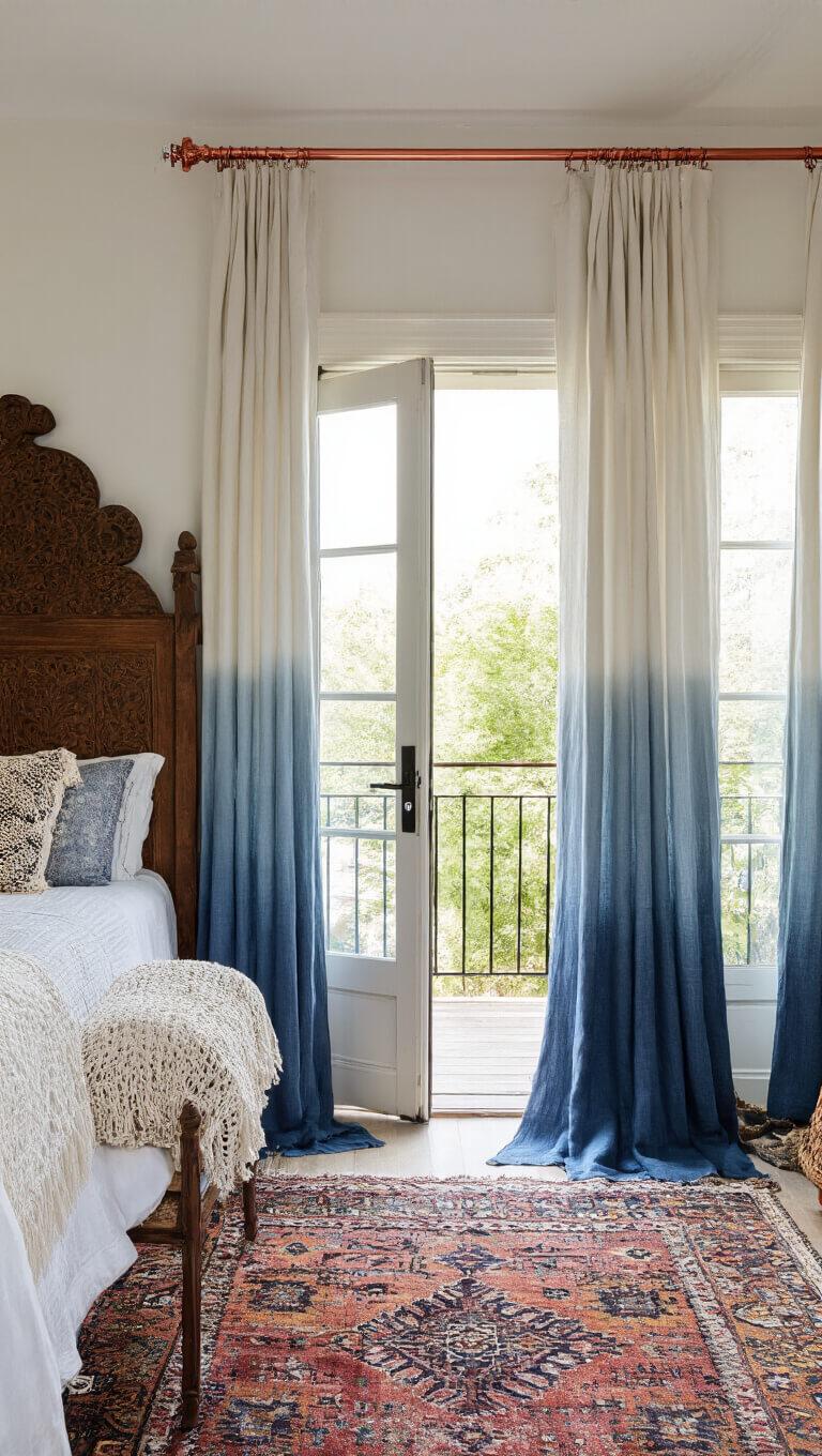 Eclectic 13x14ft bedroom with ombré indigo-to-white linen curtains, vintage crochet layers, copper rods, carved wooden headboard, Turkish kilim rug, and French doors to balcony glowing in golden hour light.