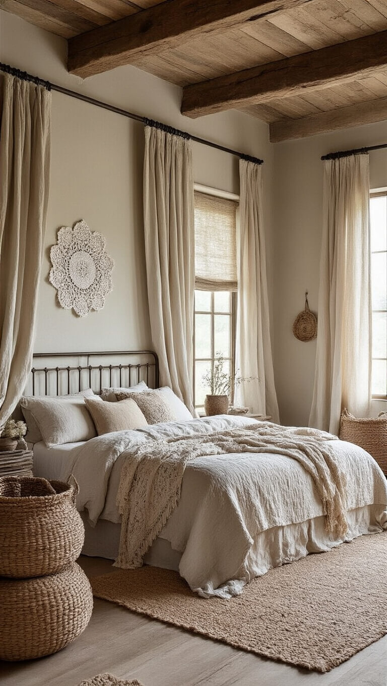 Rustic boho bedroom with exposed beams, iron bed, vintage linens, and soft morning light highlighting natural textures.