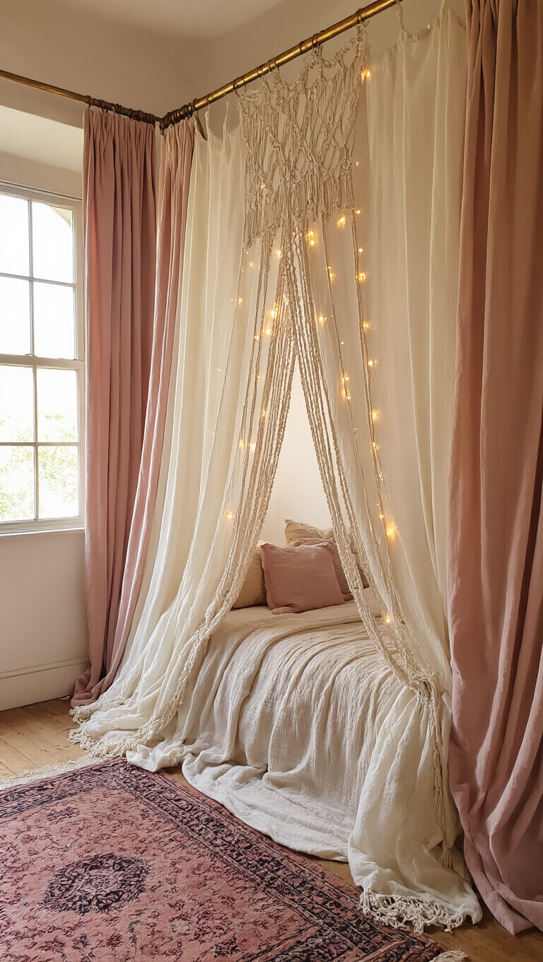 Close-up of blush pink velvet curtains with cream macramé panels on antique brass hardware in romantic boho bedroom with warm evening light.