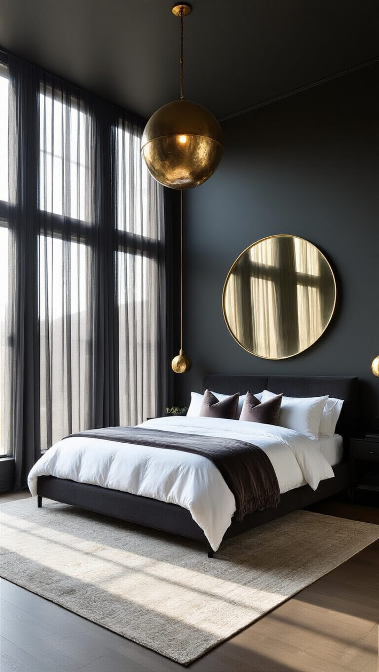 Contemporary 14x16ft bedroom with tall charcoal sheers, a black platform bed with white linens, dark painted high ceilings, brass mirror, and warm late afternoon lighting.