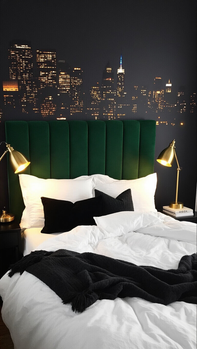 Cozy 11x13ft urban bedroom at night with black accent wall reflecting city lights, deep charcoal walls, forest green velvet tufted bed, white linens, black mohair throw, and warm brass task lamps.
