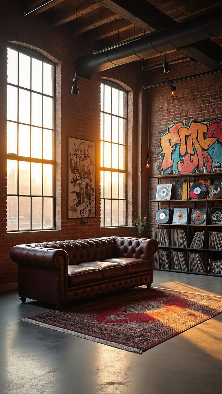 Low-angle view of an industrial loft living room with a leather Chesterfield sofa, exposed brick walls, graffiti art, vinyl records on pipe shelving, and golden hour light through tall windows.