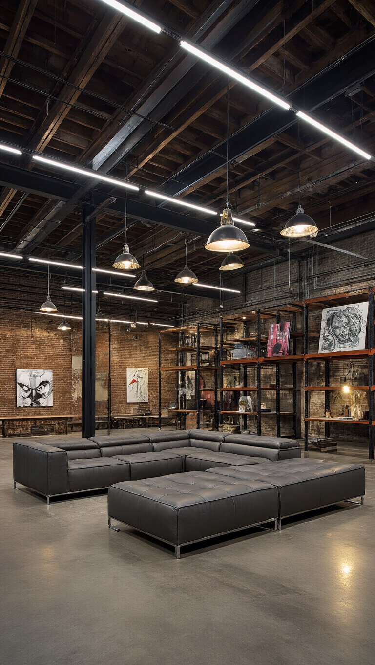 Aerial view of industrial luxe warehouse loft with LED accents, vintage pendant lighting, and gunmetal gray sectional on polished concrete floors.