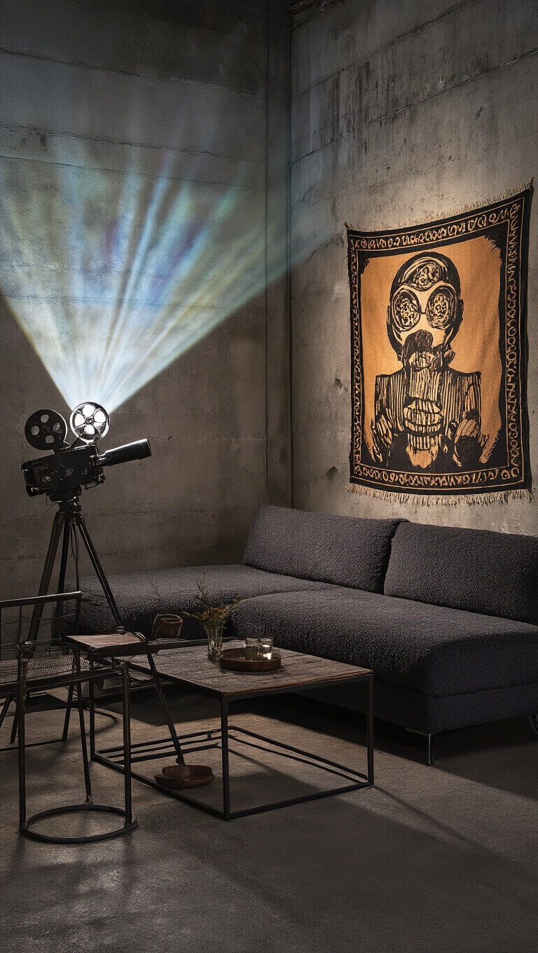 Cinematic twilight den with vintage movie projector lighting textured concrete walls, charcoal bouclé sectional, street art tapestry, and mixed metal-glass furniture.