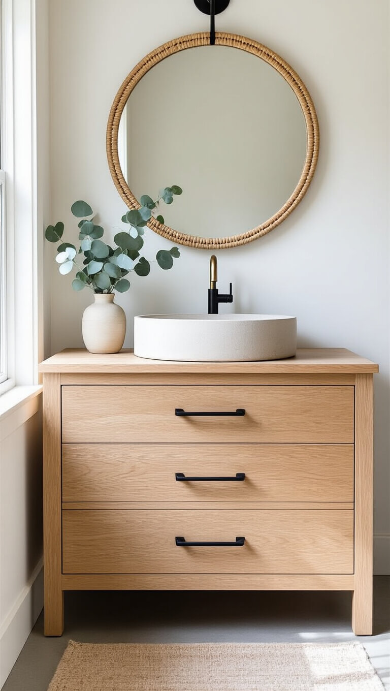 White oak floating vanity with black hardware, concrete sink, brass faucet, rattan mirror, and eucalyptus in morning light.