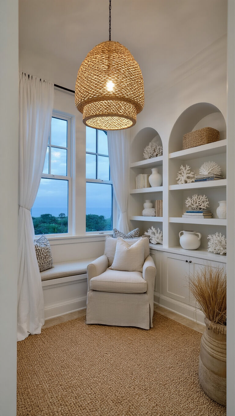 Low-angle view of cozy bedroom reading nook at dusk with arched windows, linen armchair, teak side table, coastal decor, and ambient pendant lighting.