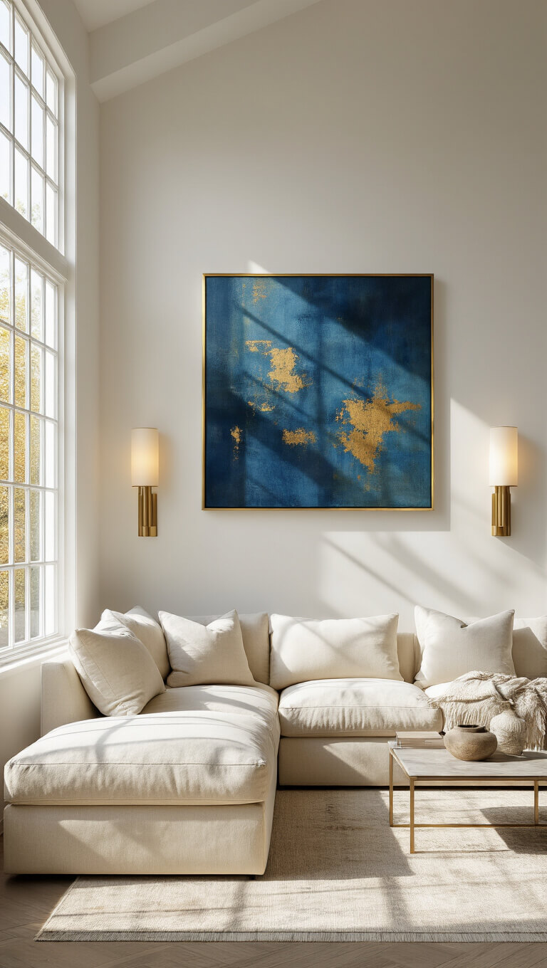 Contemporary luxe living room with cream sectional, large abstract blue and gold artwork in brass frame, modern brass sconces, and dramatic late afternoon light from west-facing windows.