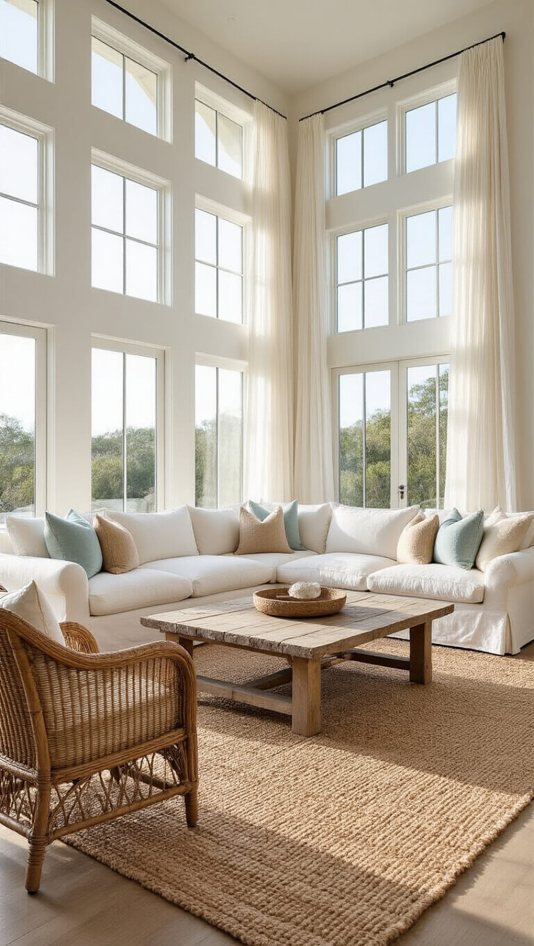 Coastal living room with white L-shaped sofa, rattan chairs, driftwood coffee table, and soft natural lighting through wall-to-wall windows.