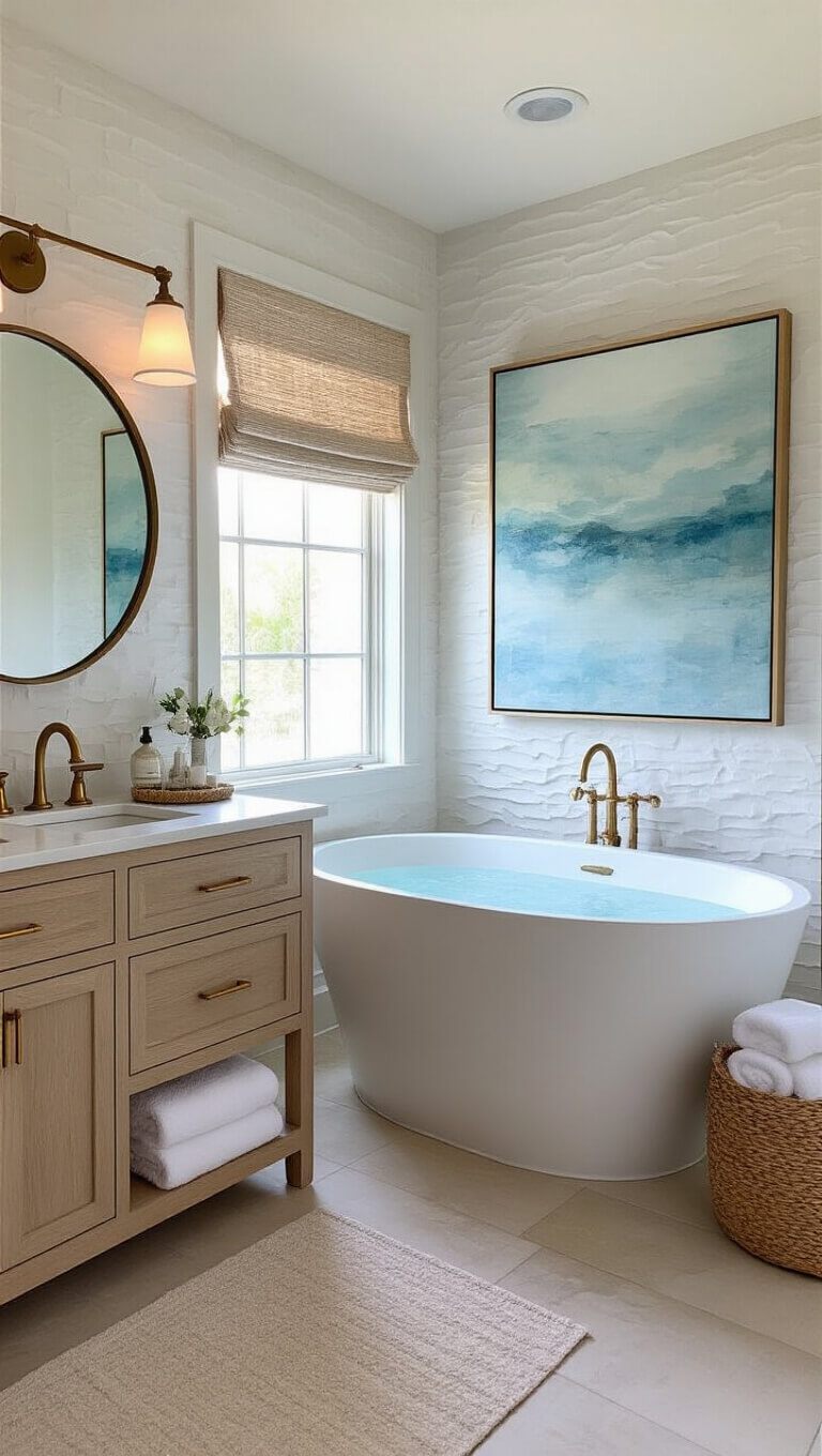 Spa-like coastal primary bathroom with soaking tub, bleached oak double vanity, brass fixtures, and abstract ocean-toned art.