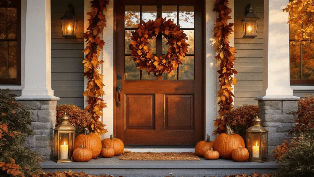"Craftsman-style mahogany front door adorned with an autumn wreath, heirloom pumpkins, vintage lanterns, and natural garland during golden hour"