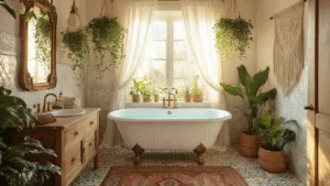 "Bohemian style bathroom with clawfoot tub, Moroccan tiles, brass fixtures, and hanging plants bathed in warm golden light"