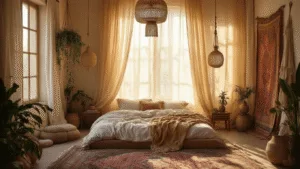 "Bohemian bedroom with layered curtains, vintage brass rods, macramé wall hangings, and Moroccan textiles in warm golden light"