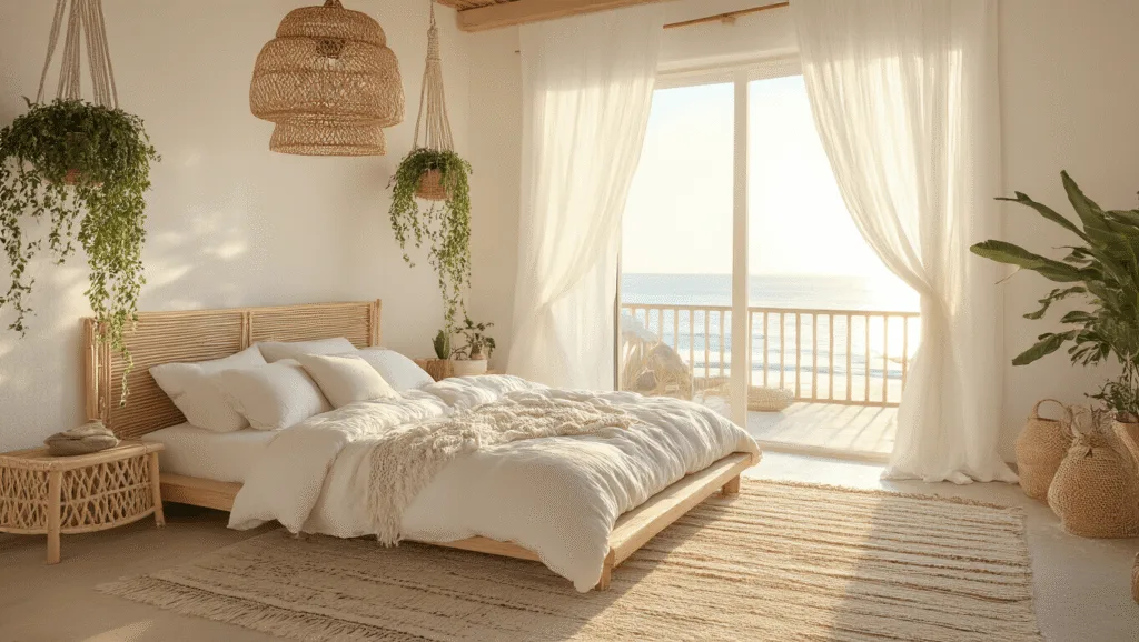 "Sunlit, beachy boho bedroom with ivory linen bedding, Moroccan rugs, rattan lighting, macramé plant hangers, and natural wood accents"
