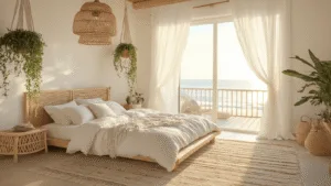 "Sunlit, beachy boho bedroom with ivory linen bedding, Moroccan rugs, rattan lighting, macramé plant hangers, and natural wood accents"