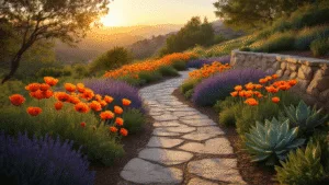 "Golden hour view of a terraced California garden with poppies, sage, succulents, and decomposed granite path"