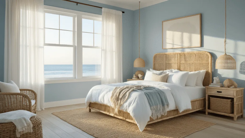 "Serene coastal master bedroom with king-sized bed, rattan headboard, soft blue walls and subtle beach decor"