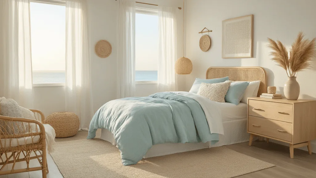 "Sunlit coastal-themed dorm room with seafoam blue and white bedding, rattan accents, and golden hour lighting"