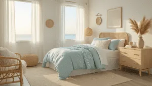"Sunlit coastal-themed dorm room with seafoam blue and white bedding, rattan accents, and golden hour lighting"