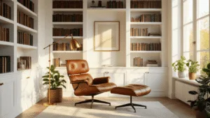"Cozy home library corner with white shelves filled with books, leather reading chair, and brass lamp in warm golden hour lighting"