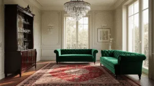 "Elegant vintage living room with emerald velvet sofa, Persian rug, crystal chandelier, and Art Deco cabinet in soft morning light"