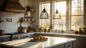 "Farmhouse kitchen with black metal wire cage pendant lights over a white marble island, accentuated by warm morning sunlight and vintage copper accents."