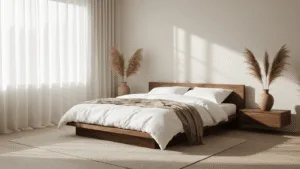 "Minimalist Japandi-style bedroom with walnut platform bed, white linen bedding, and natural light filtering through sheer curtains"