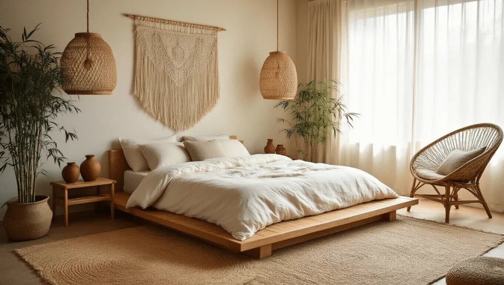 "Japanese-inspired boho bedroom with platform bed, rattan pendant light, and homey decor in warm earth tones"