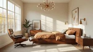 "Sunlit mid-century modern bedroom with walnut platform bed, leather Eames chair, and starburst chandelier"
