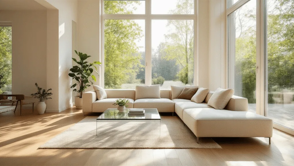 "Sunlit minimalist living room with cream sectional, glass coffee table, oak floors, and floor-to-ceiling windows"