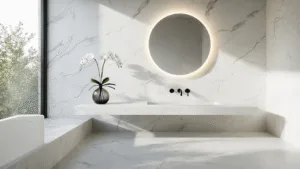 "Modern minimalist bathroom with backlit mirror, matte black fixtures and orchid in a smoky vase"