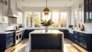 "Modern kitchen with navy lower cabinets, white upper cabinets, quartz countertops, brass hardware, and a central island, illuminated by sunlight streaming in through large windows"