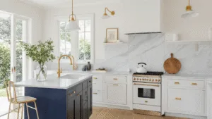 "Modern minimalist kitchen with white upper and navy lower cabinets, brass hardware, marble countertops, illuminated by natural light"