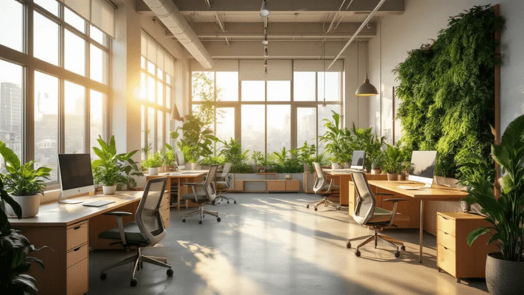 "Modern open-plan office with standing desks, sage mesh chairs, lush living walls, modular furniture, and warm wood accents, illuminated by natural light from floor-to-ceiling windows"