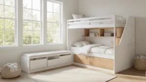 "Modern white and oak storage bunk bed with integrated shelves and built-in drawers in a bright, minimalist children's room"
